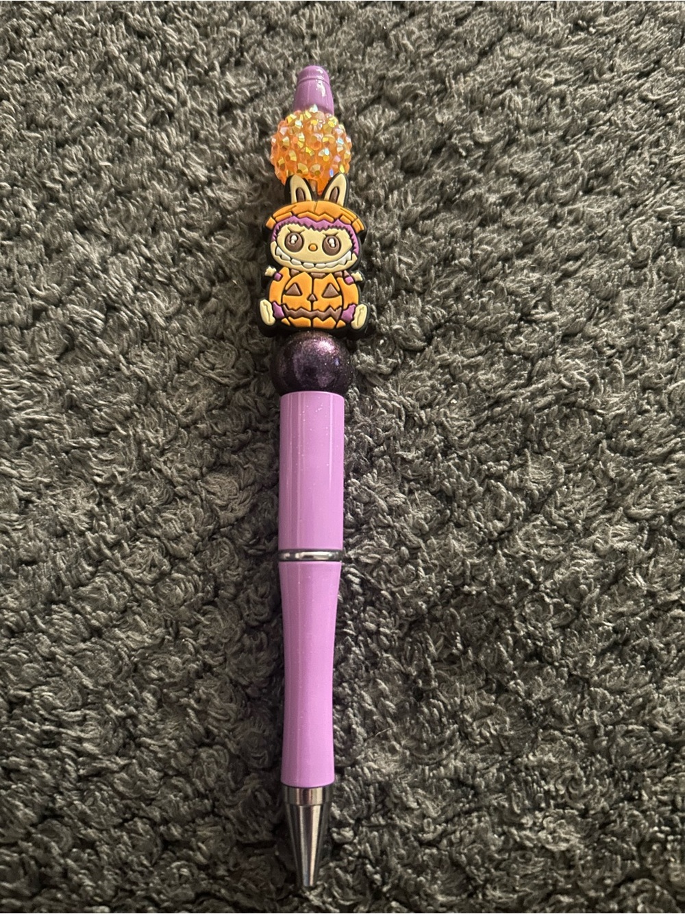 Hand Crafted Lilac and Orange Bead Top Pen with Character Charm